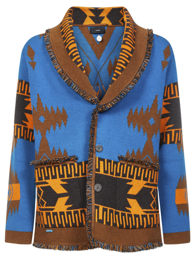 Alanui Frayed-trim Abstract-jacquard Cashmere Cardigan In Blue