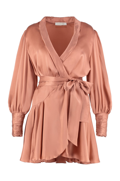 Zimmermann Belted Washed Silk-satin Mini Wrap Dress In Pink