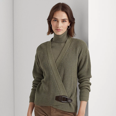 Ralph Lauren Buckle-trim Cotton Cardigan In Muted Moss Heather