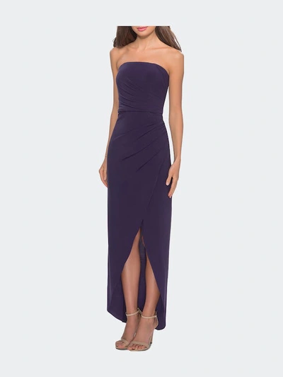 La Femme Long Strapless Jersey Dress With Side Ruching In Purple
