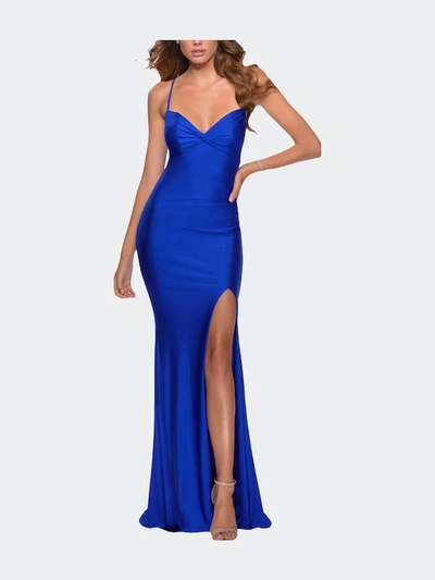 La Femme Form Fitting Dress With Ruched Bow Bodice In Blue