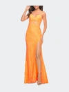 La Femme Lace Prom Gown With Sheer Bodice And Tie Up Back In Orange
