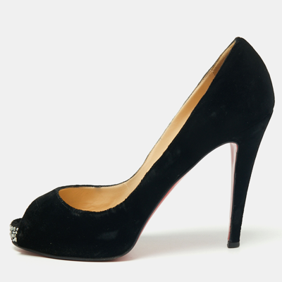 Pre-owned Christian Louboutin Black Velvet Very Prive Crystal Peep-toe Pumps Size 40.5