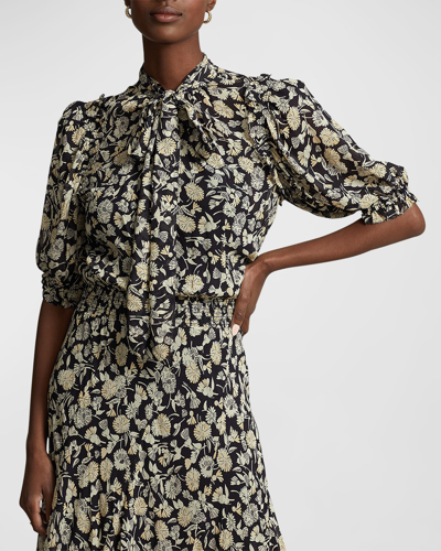 Polo Ralph Lauren Georgette Floral Tie-neck Maxi Dress In Schwarz