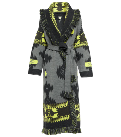 Alanui Fringed Belted Cashmere-jacquard Coat In Green