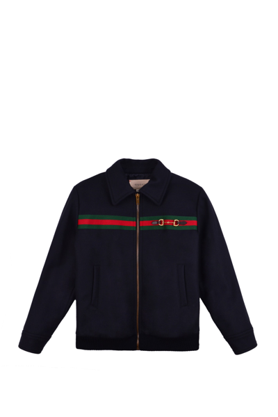 Gucci Kids' Horsebit And Web Stripe Wool-blend Jacket In Blue