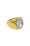 Adornia 14k Yellow Gold Plated Stainless Steel Mother Of Pearl Signet Ring In White