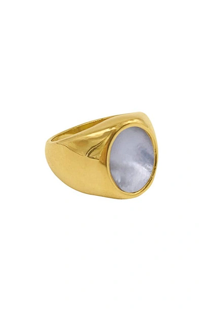 Adornia 14k Yellow Gold Plated Stainless Steel Mother Of Pearl Signet Ring In White