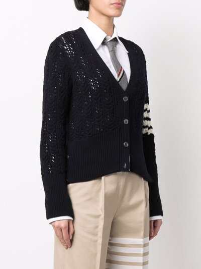 Thom Browne V-neck Cardigan W/ 4 Bar In Irish Pointelle Cable 5gg Sustainable Merino Wool In 415 Navy