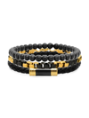 ANTHONY JACOBS 3-PIECE TWO-TONE STAINLESS STEEL, LAVA BEADS & LEATHER BRACELET SET