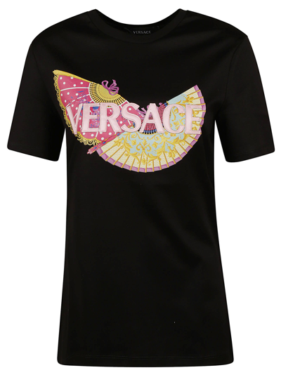 Versace Logo Patched Fan Printed T-shirt In Black