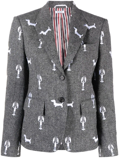 Thom Browne Embroidered Tweed Blazer In Grey