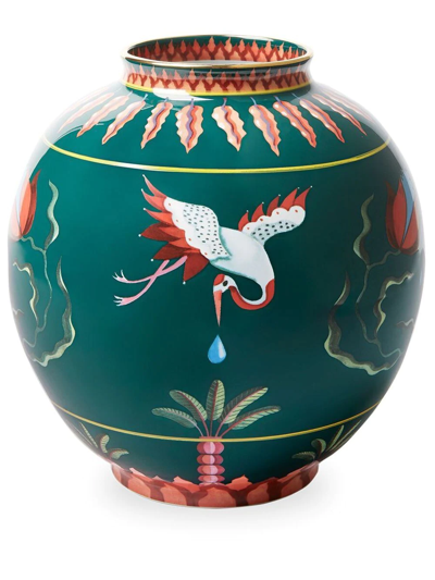 La Doublej Vase In Kugelform Mit Storch-print In Green