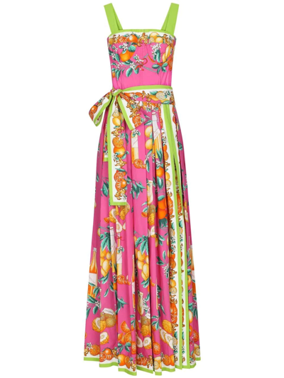 Dolce & Gabbana Belted Pleated Printed Cotton-blend Maxi Dress In Agrumi Fdo.fucsia