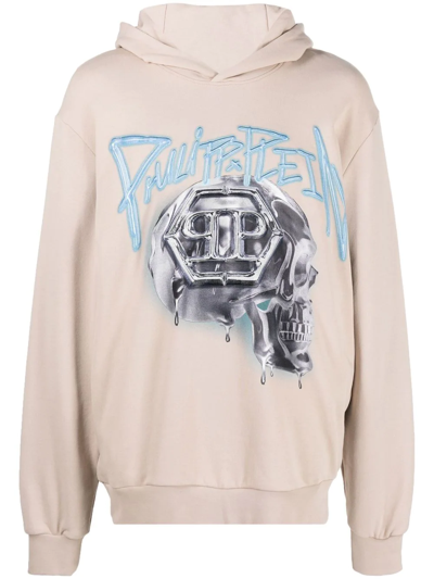 Philipp Plein Skull-print Long-sleeve Hoodie In Neutrals