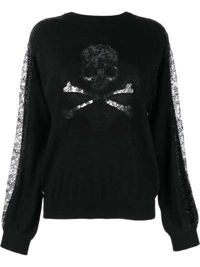 Philipp Plein Lace-panelling Skull-print Sweatshirt In Black