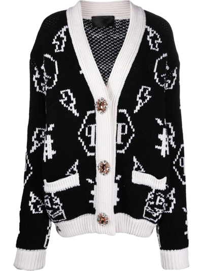 Philipp Plein Jacquard Logo Cardigan In Black