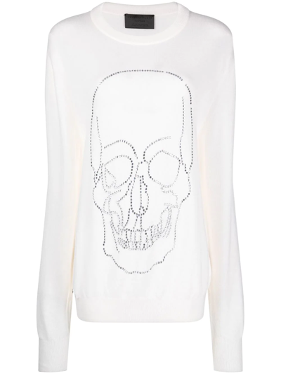 Philipp Plein Studded-skull Cashmere Pullover In Neutrals