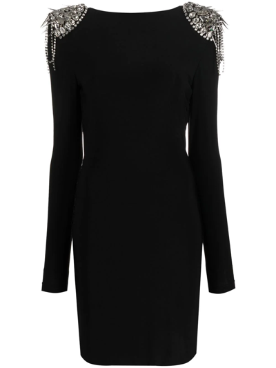 Philipp Plein Crystal-shoulder Long Sleeve Dress In Black