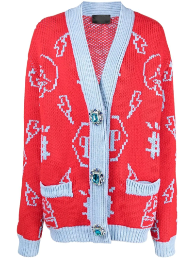 Philipp Plein Jacquard Logo Cardigan In Red