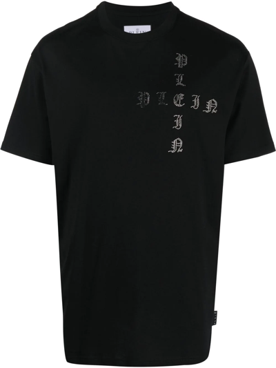 Philipp Plein Cotton Crewneck T-shirt With Rhinestone Logo Lettering In Black