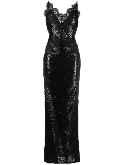 Philipp Plein Sequin-embellished Lace-detail Maxi Dress In Black