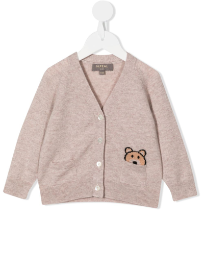 N•peal Babies' Bear Pocket Cashmere Cardigan In Brown