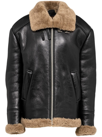 Prada Oversized Leather Shearling-trim Jacket In F02zx Nero Acero