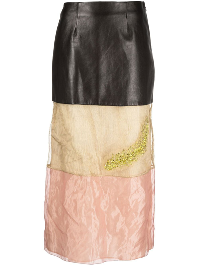 Prada Embroidered Mesh And Leather Midi-skirt In Default Title
