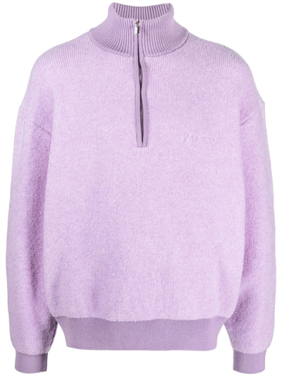 Jacquemus La Maille Berger Embroidered Logo Half Zip Merino Wool Blend Sweater In Light Purple