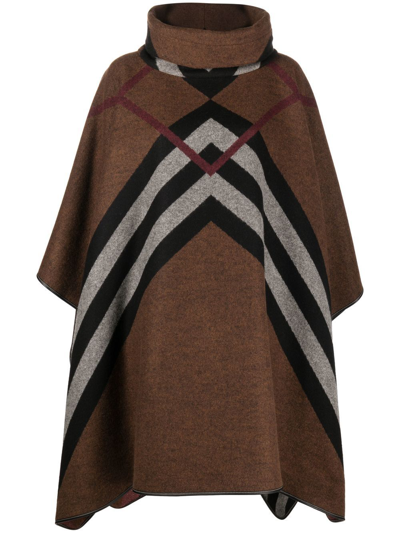 Burberry Leather-trimmed Chevron-check Cashmere Poncho In Brown
