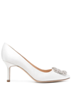 Manolo Blahnik Hangsi Satin Crystal-buckle Pumps In Weiss