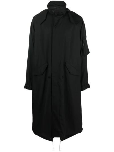 Yohji Yamamoto Concealed Front-fastening Hooded Coat In Black Wool