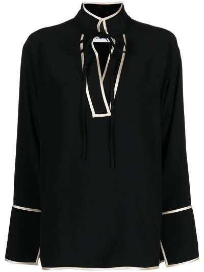 Salomon Tie-front Piped-trim Blouse In Black
