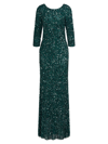 Theia Three-quarter Sleeve Sequin Sheath Gown In Pine