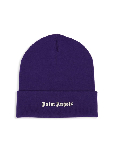 Palm Angels Classic Logo Wool Blend Beanie Hat In Purple White