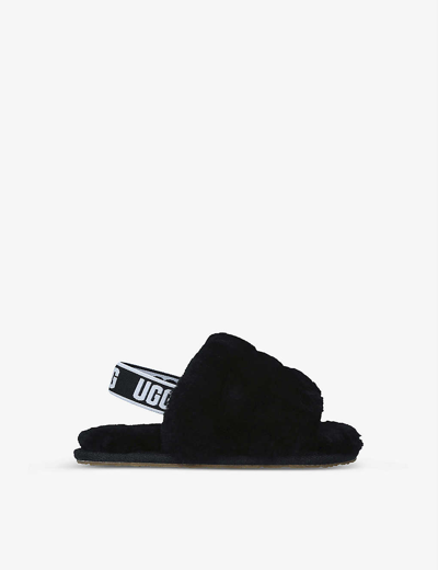 Ugg Kids' Fluff Yeah Logo-strap Sheepskin Sandals 2-7 Years In Black