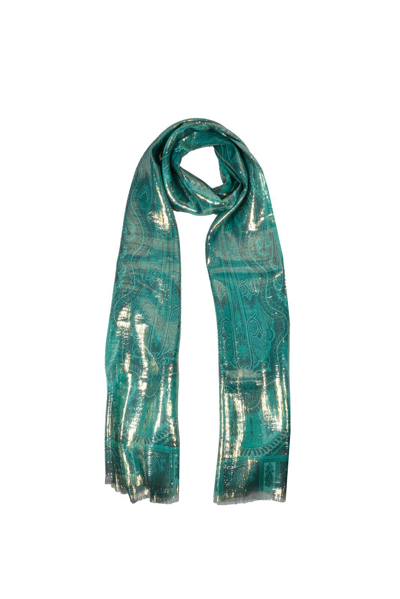 Etro Paisley Embroidered Frayed Scarf In Green