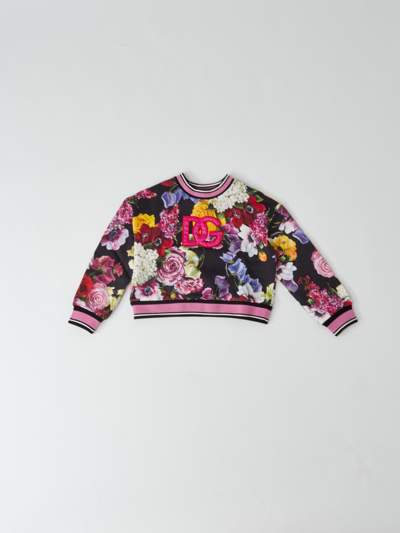 Dolce & Gabbana Kids' Floral-print Cotton Sweatshirt In Schwarz