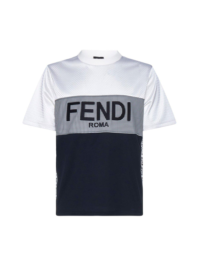 Fendi Logo Houndstooth Perforated Jersey T-shirt In Multicolor