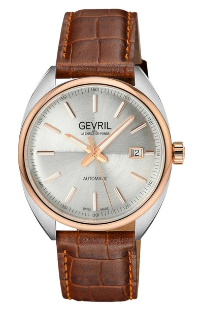Gevril Five Points Croc Embossed Leather Strap Watch, 43mm In Brown