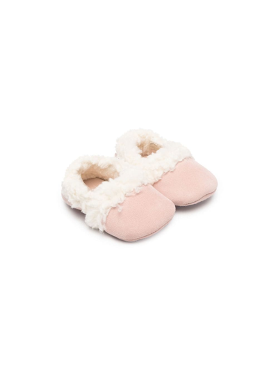 Chloé Babies' Faux-shearling Trim Suede Slippers In Pink
