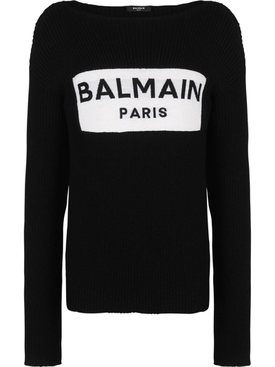 Balmain Logo-embroidered Ribbed Sweater In Noir Naturel
