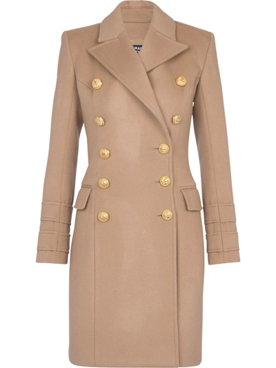 Balmain Double-breasted Wool Coat In Brown