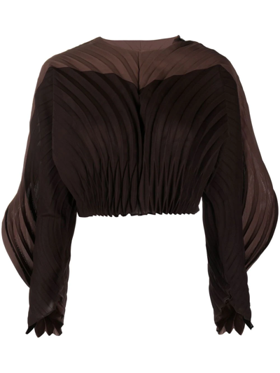 Issey Miyake Brown Fronds Two-tone Pleated Crop Top
