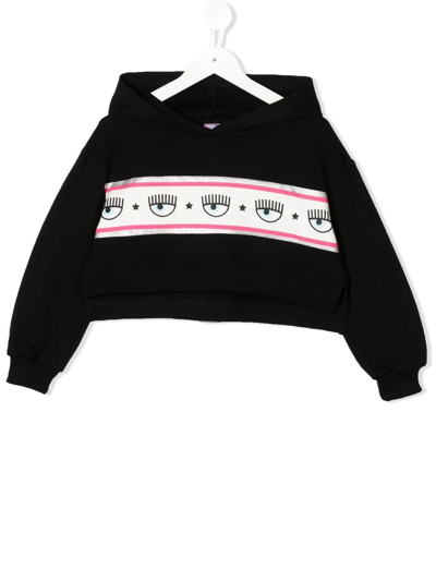 Chiara Ferragni Kids' Cropped Logo-stripe Hoodie In Black