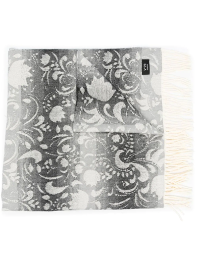 V73 Floral-embroidered Fringed Scarf In Grey