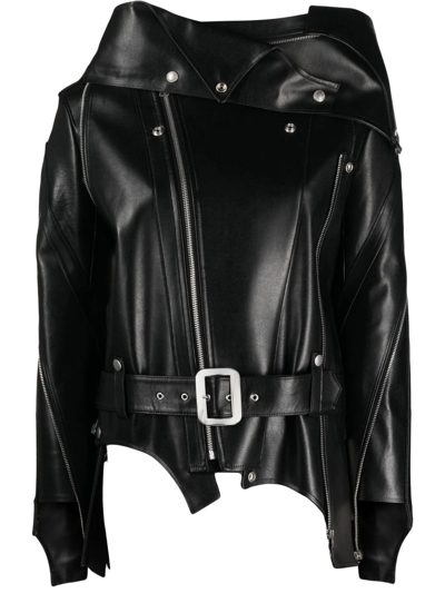 Junya Watanabe Asymmetric Belted Leather Jacket In Black