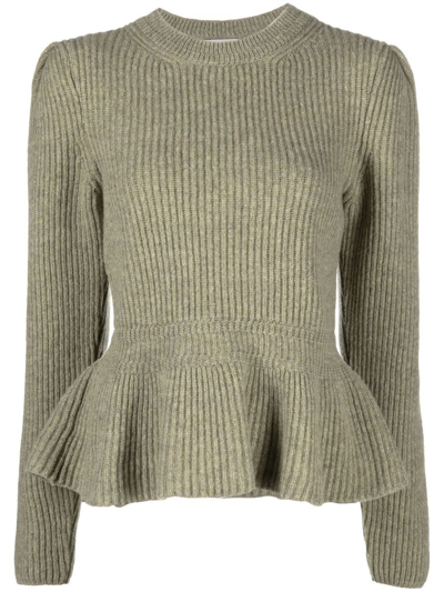 Lemaire Ribbed-knit Wool Peplum Sweater In Green