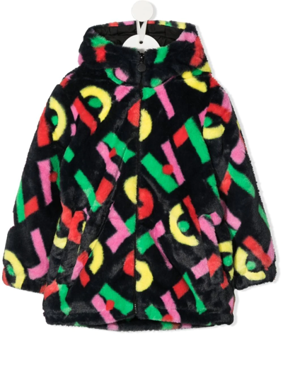 Stella Mccartney Kids' Logo Print Hooded Faux Fur Coat In Black